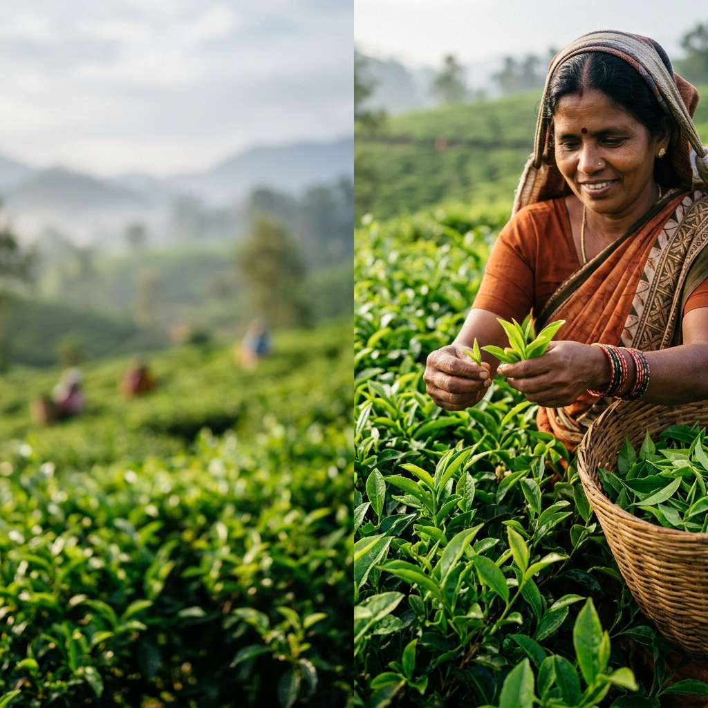 Tea garden workers harvesting leaves