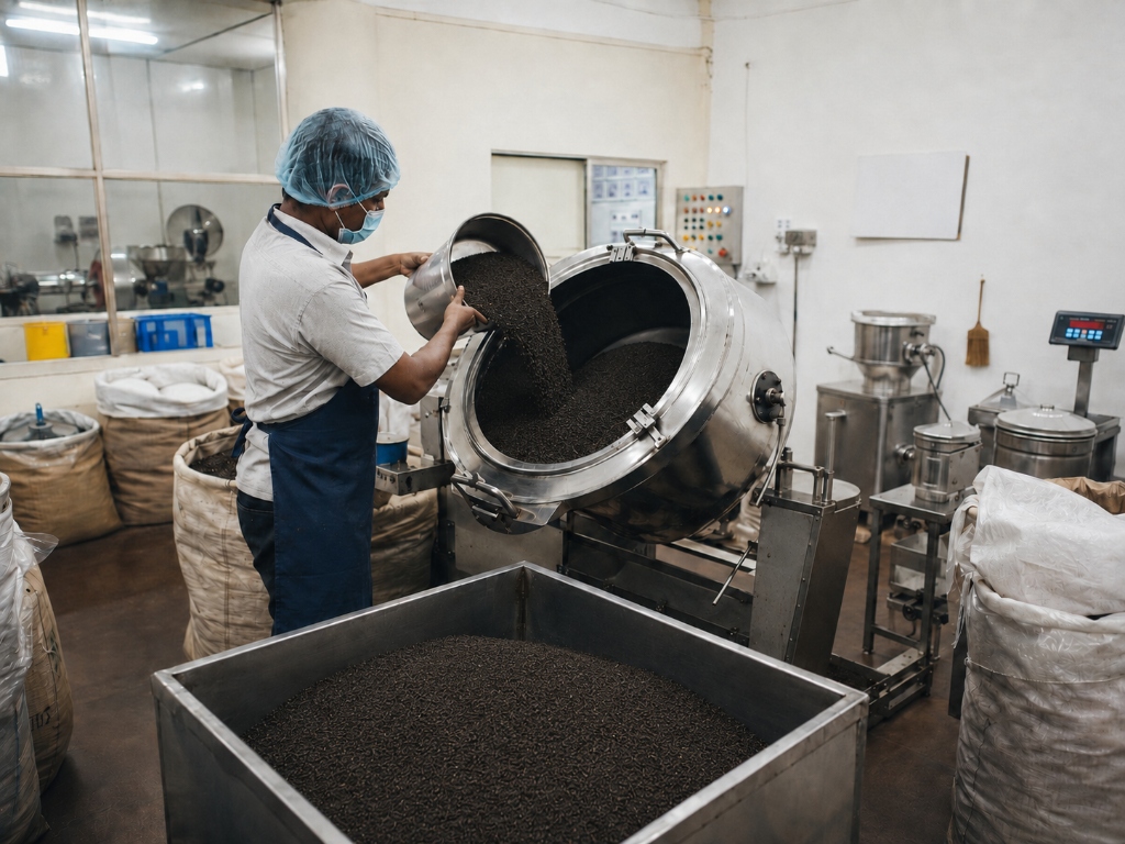 Master blender pouring tea granules into a large industrial mixing machine